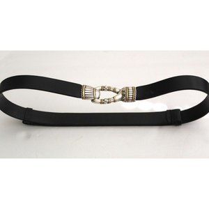 Chicos Black Leather Adjustable Belt Silver Hook Buckle Size Small Medium